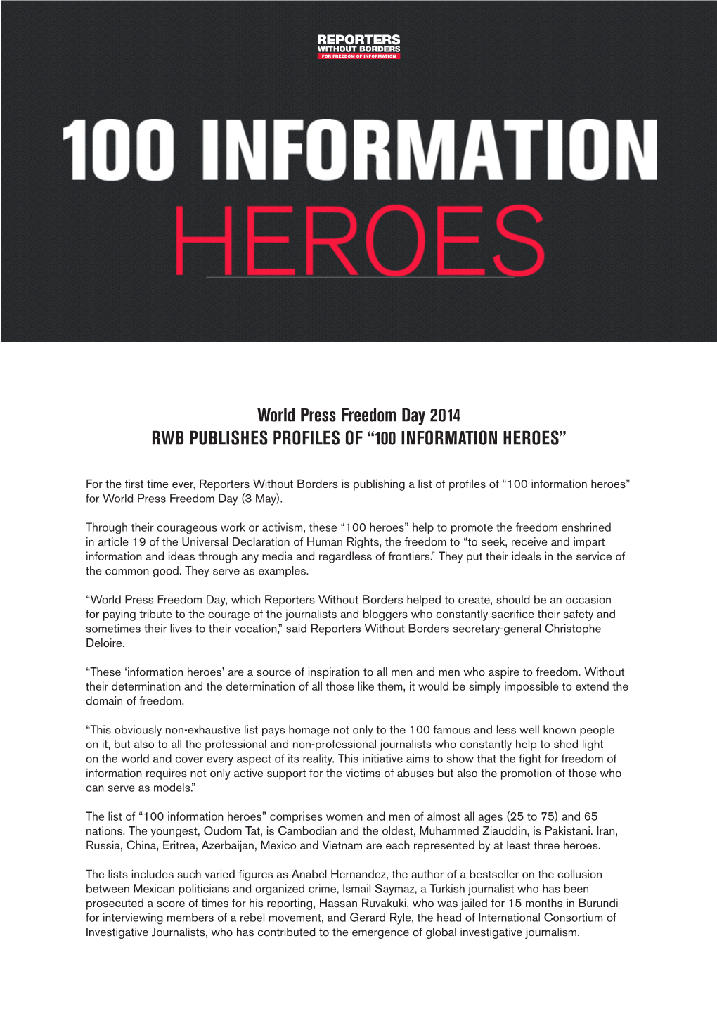 World Press Freedom Day 2014 RWB PUBLISHES PROFILES of “100 INFORMATION HEROES”