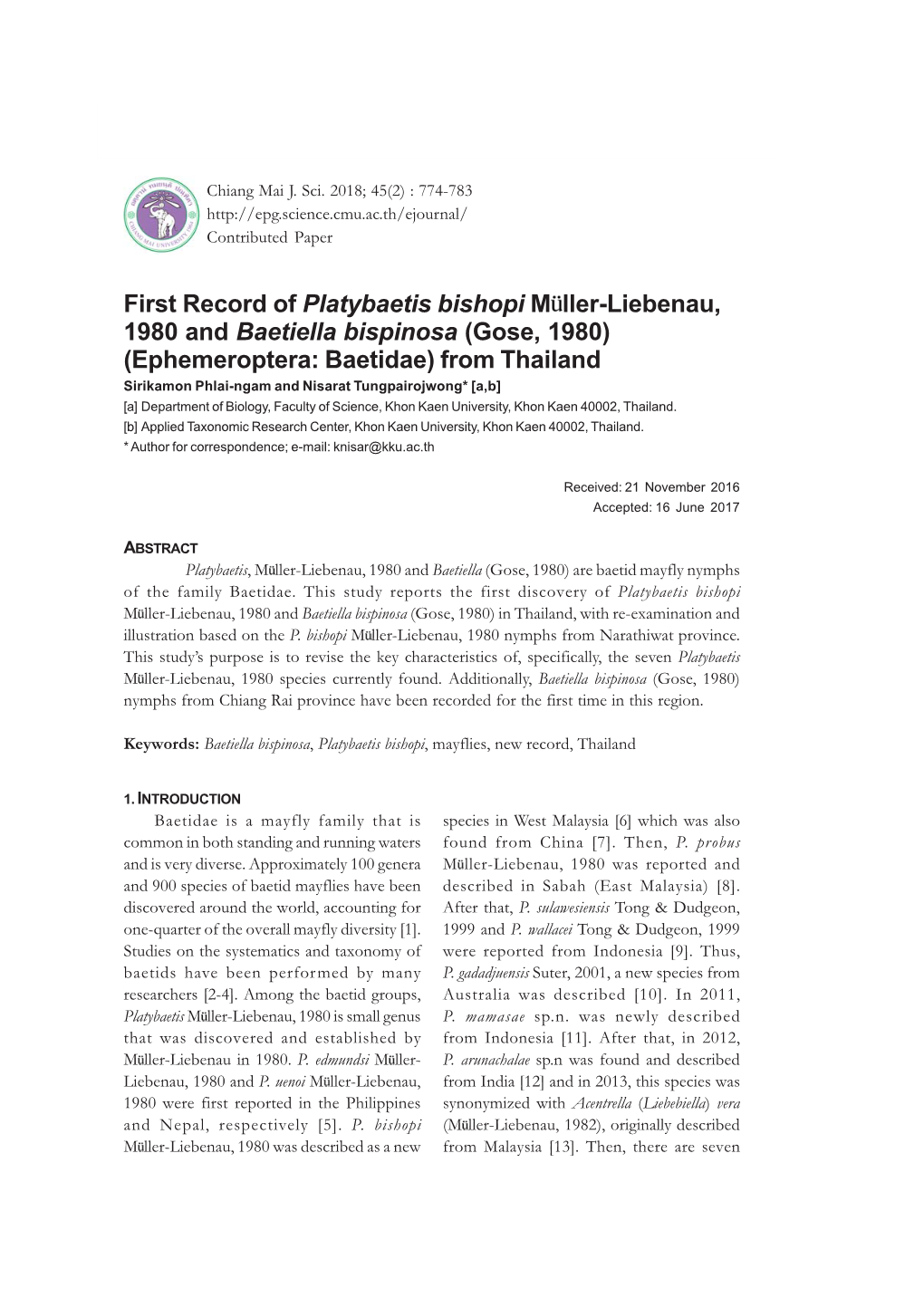 First Record of Platybaetis Bishopi M Ller-Liebenau, 1980 and Baetiella Bispinosa (Gose, 1980) (Ephemeroptera: Baetidae) from Th