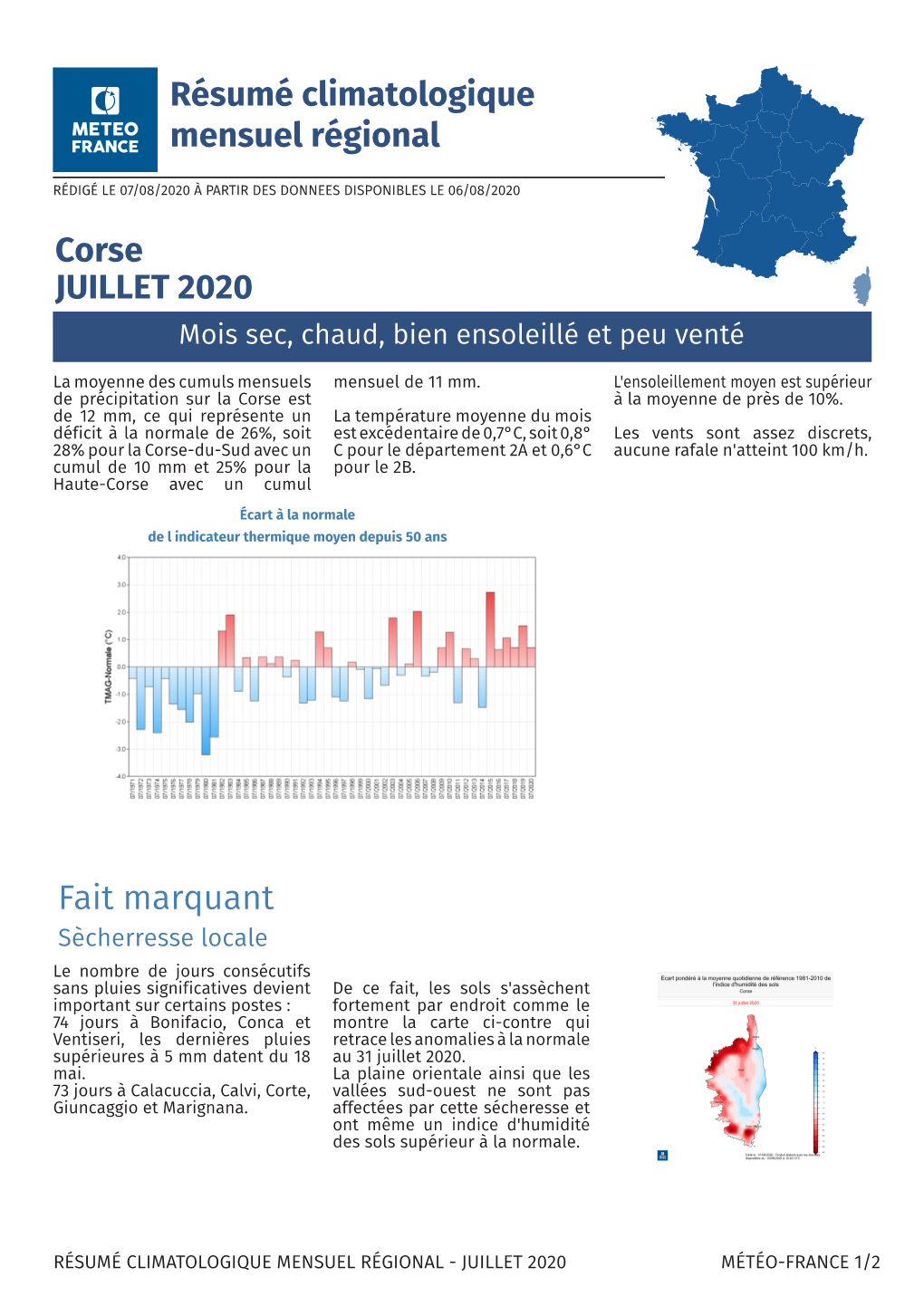 Résumé Climatologique Mensuel Régional Corse JUILLET 2020 Fait