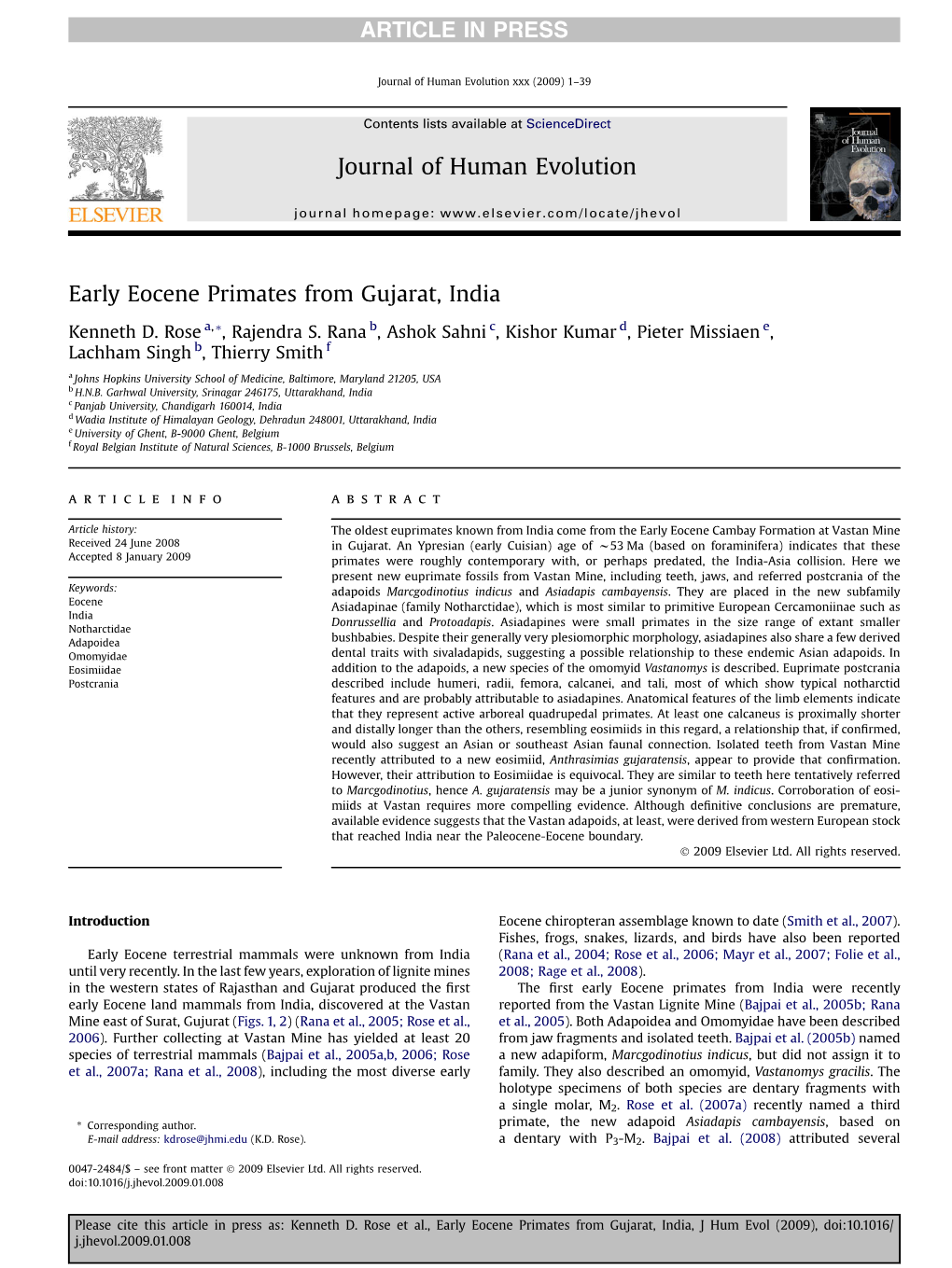 Early Eocene Primates from Gujarat, India