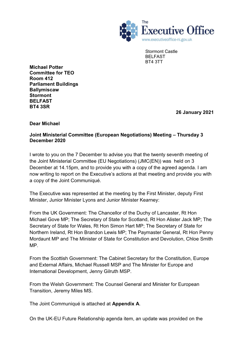 Joint Ministerial Committee (European Negotiations) Meeting – Thursday 3 December 2020