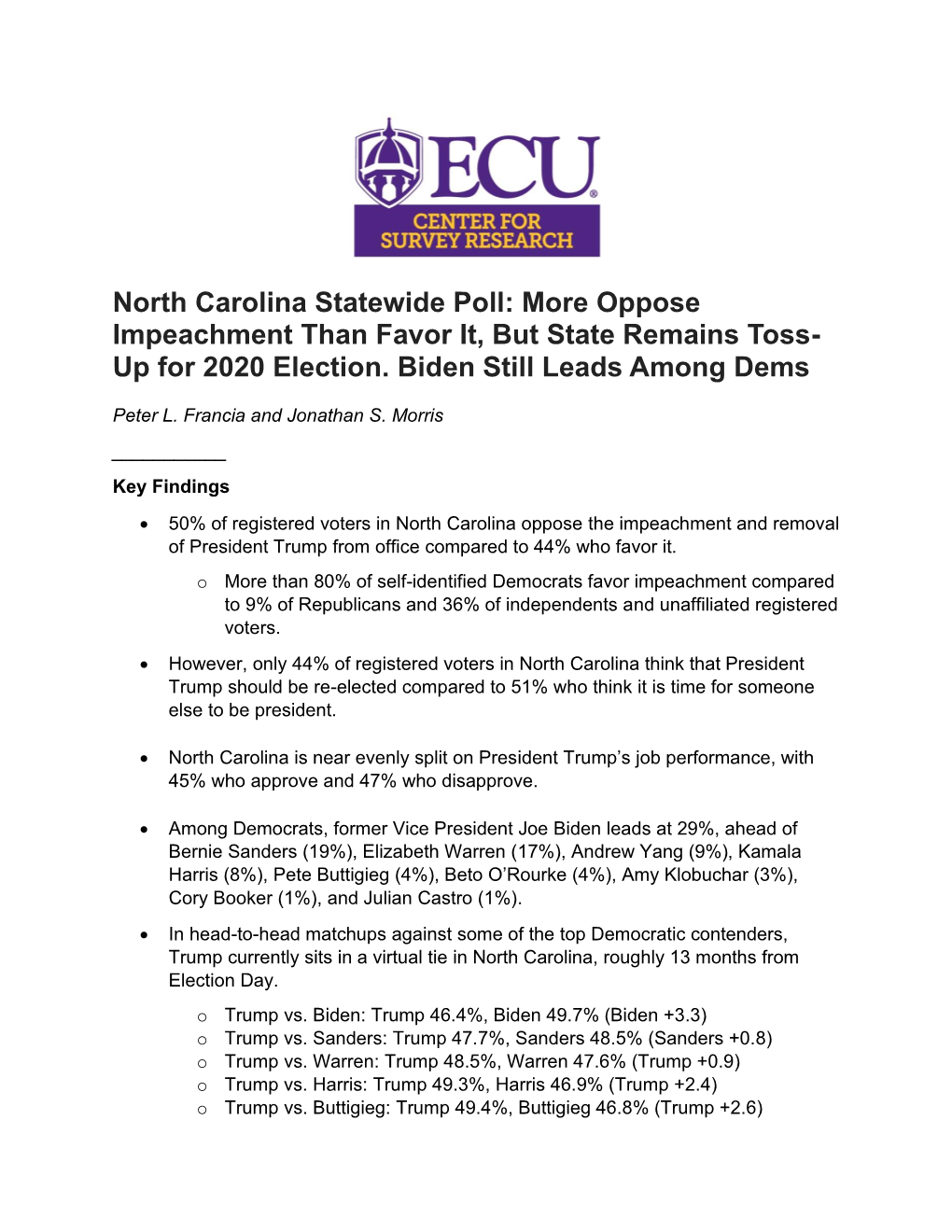 North Carolina Statewide Poll: More Oppose Impeachment Than Favor It, but State Remains Toss- up for 2020 Election