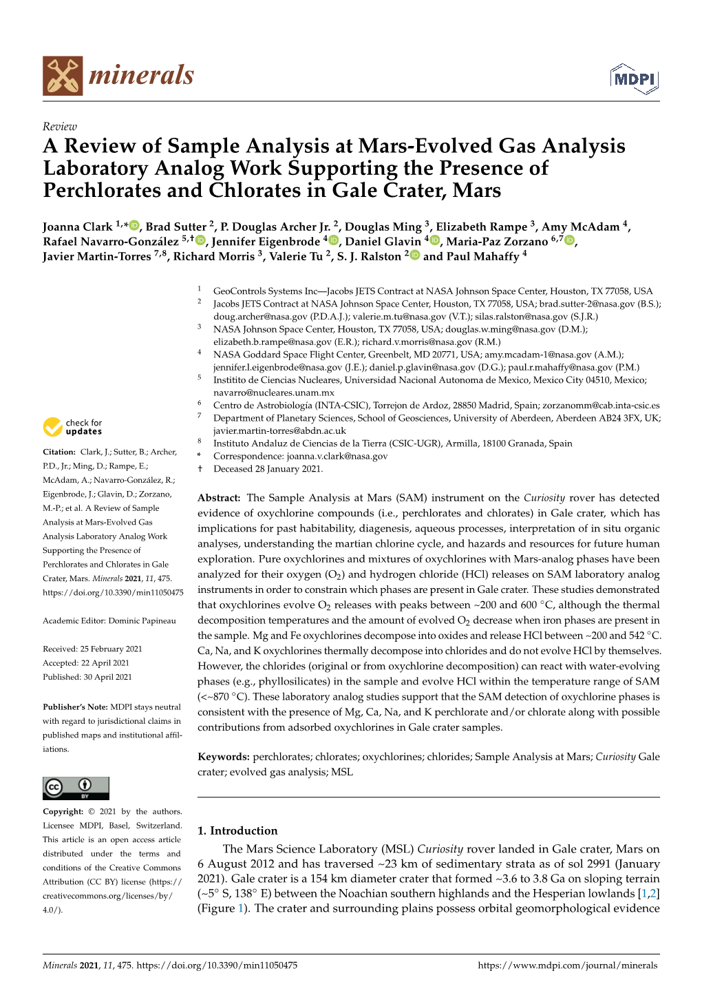 A Review of Sample Analysis at Mars-Evolved Gas Analysis Laboratory Analog Work Supporting the Presence of Perchlorates and Chlorates in Gale Crater, Mars