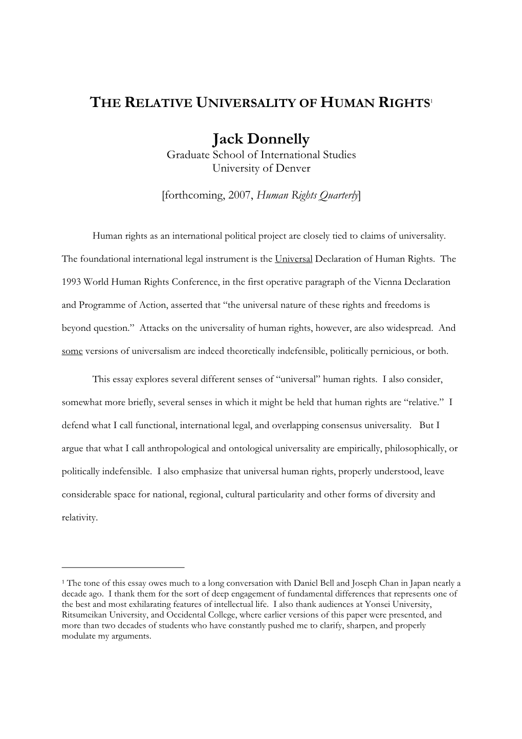 Jack Donnelly Graduate School of International Studies University of Denver