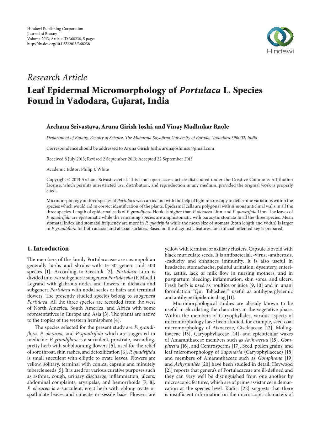 Leaf Epidermal Micromorphology of Portulaca L. Species Found in Vadodara, Gujarat, India