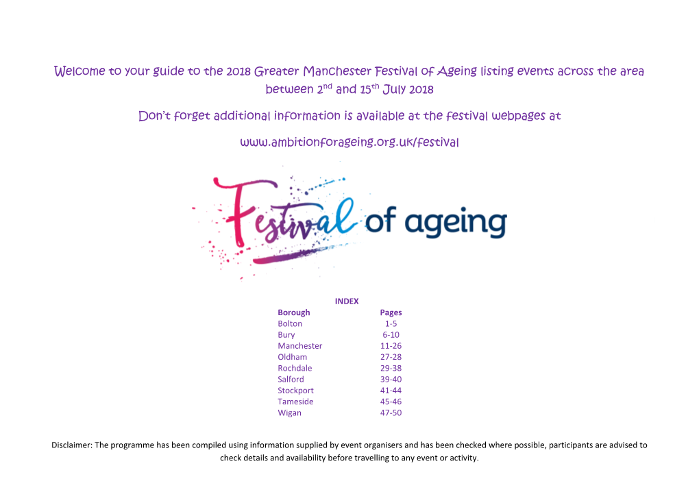 Your Guide to the 2018 Greater Manchester Festival of Ageing Listing Events Across the Area Between 2Nd and 15Th July 2018
