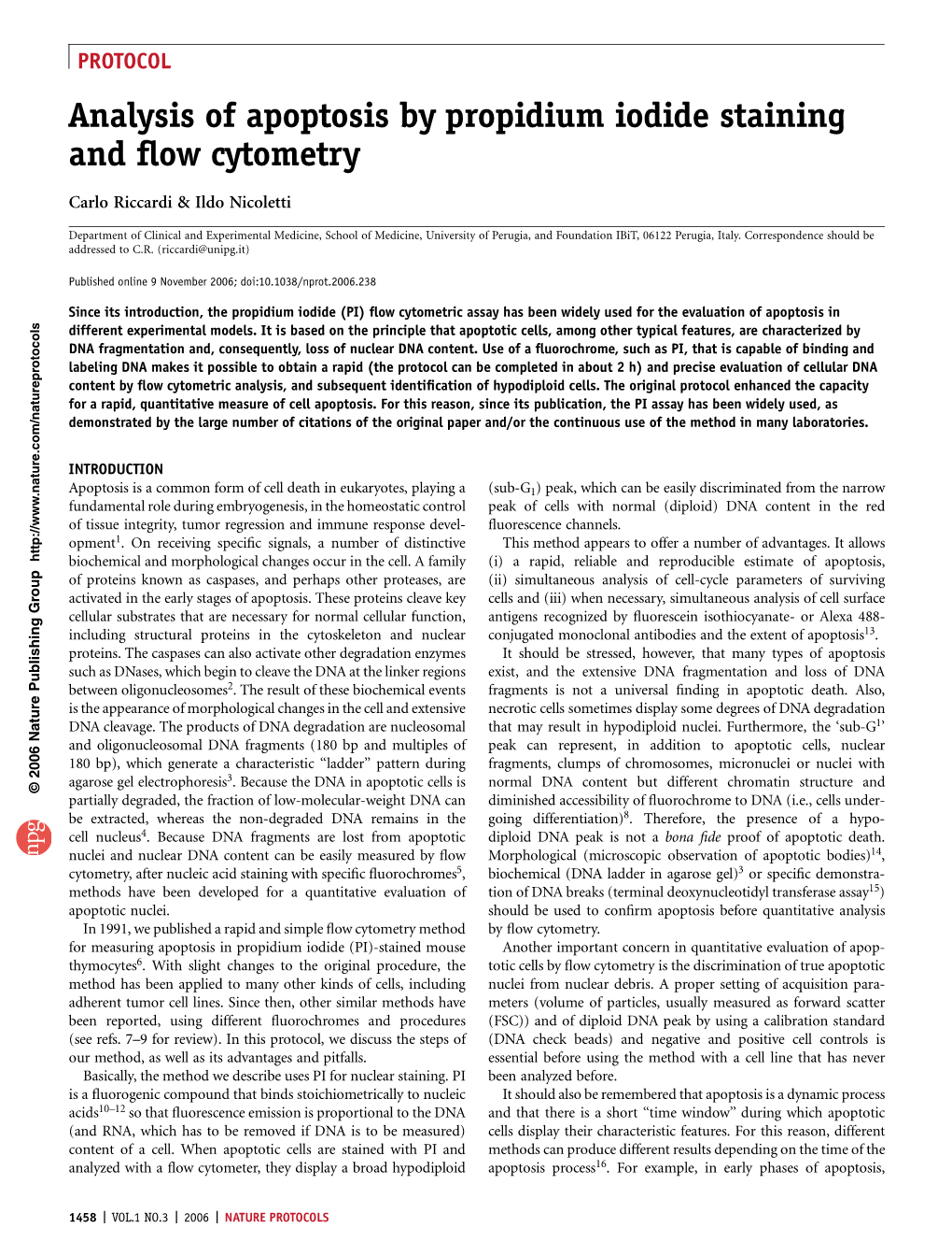 Analysis of Apoptosis by Propidium Iodide Staining and Flow Cytometry