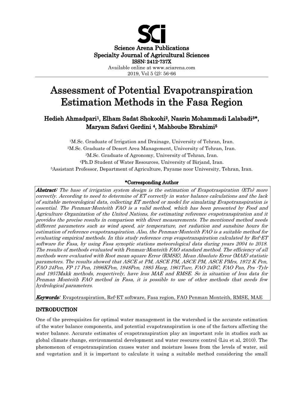 Assessment of Potential Evapotranspiration Estimation Methods in the Fasa Region