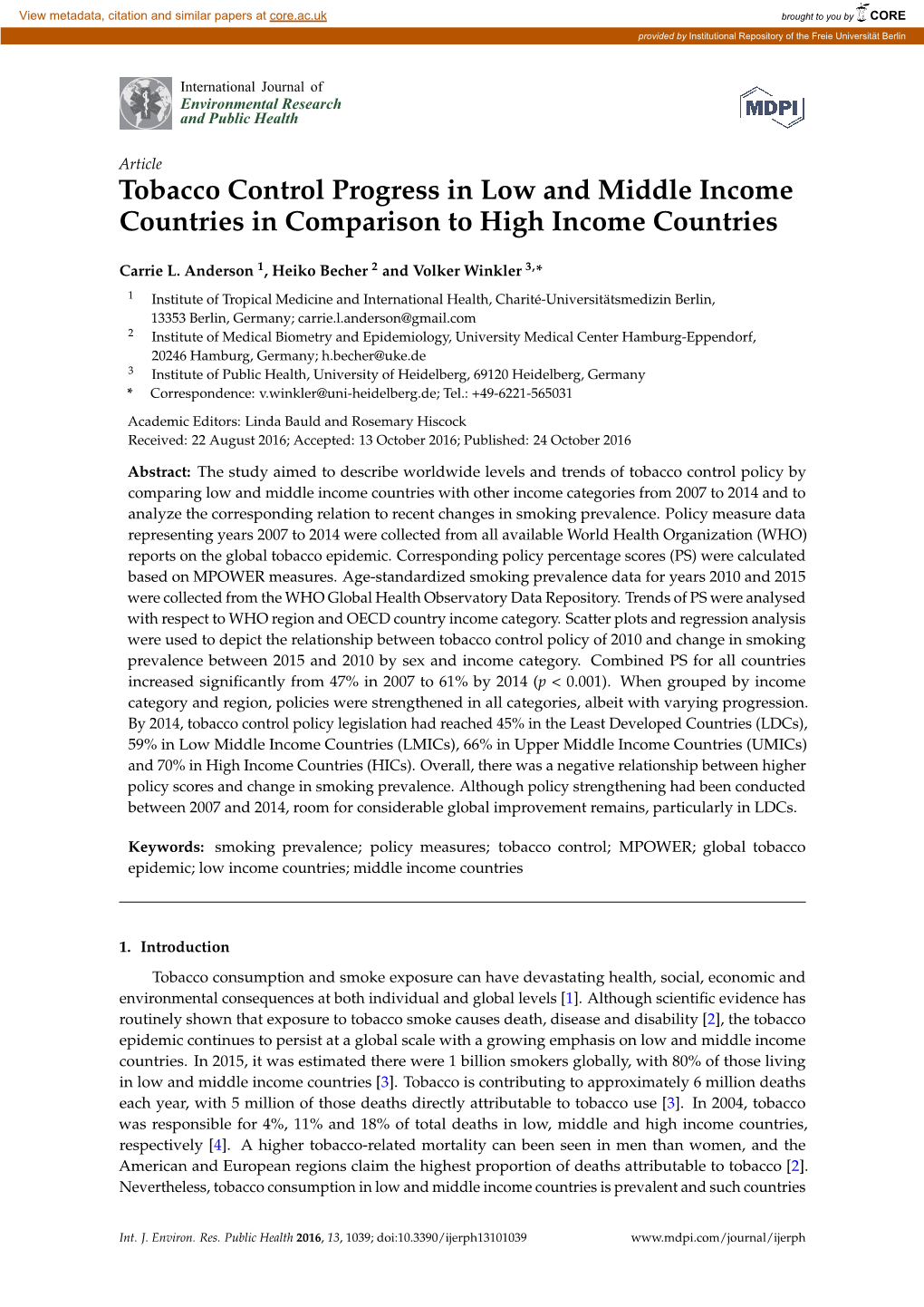 Tobacco Control Progress in Low and Middle Income Countries in Comparison to High Income Countries