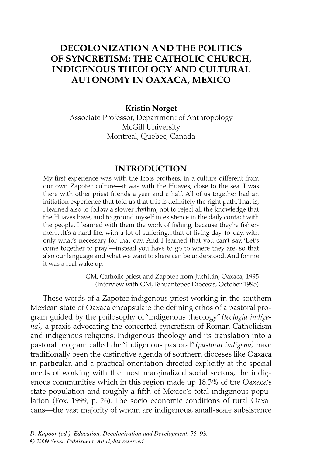The Catholic Church, Indigenous Theology and Cultural Autonomy in Oaxaca, Mexico