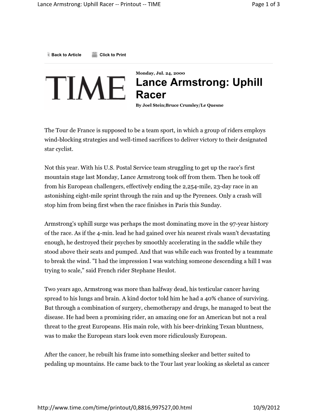 Lance Armstrong: Uphill Racer ‐‐ Printout ‐‐ TIME Page 1 of 3