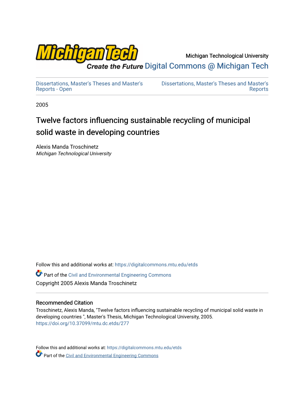 Twelve Factors Influencing Sustainable Recycling of Municipal Solid Waste