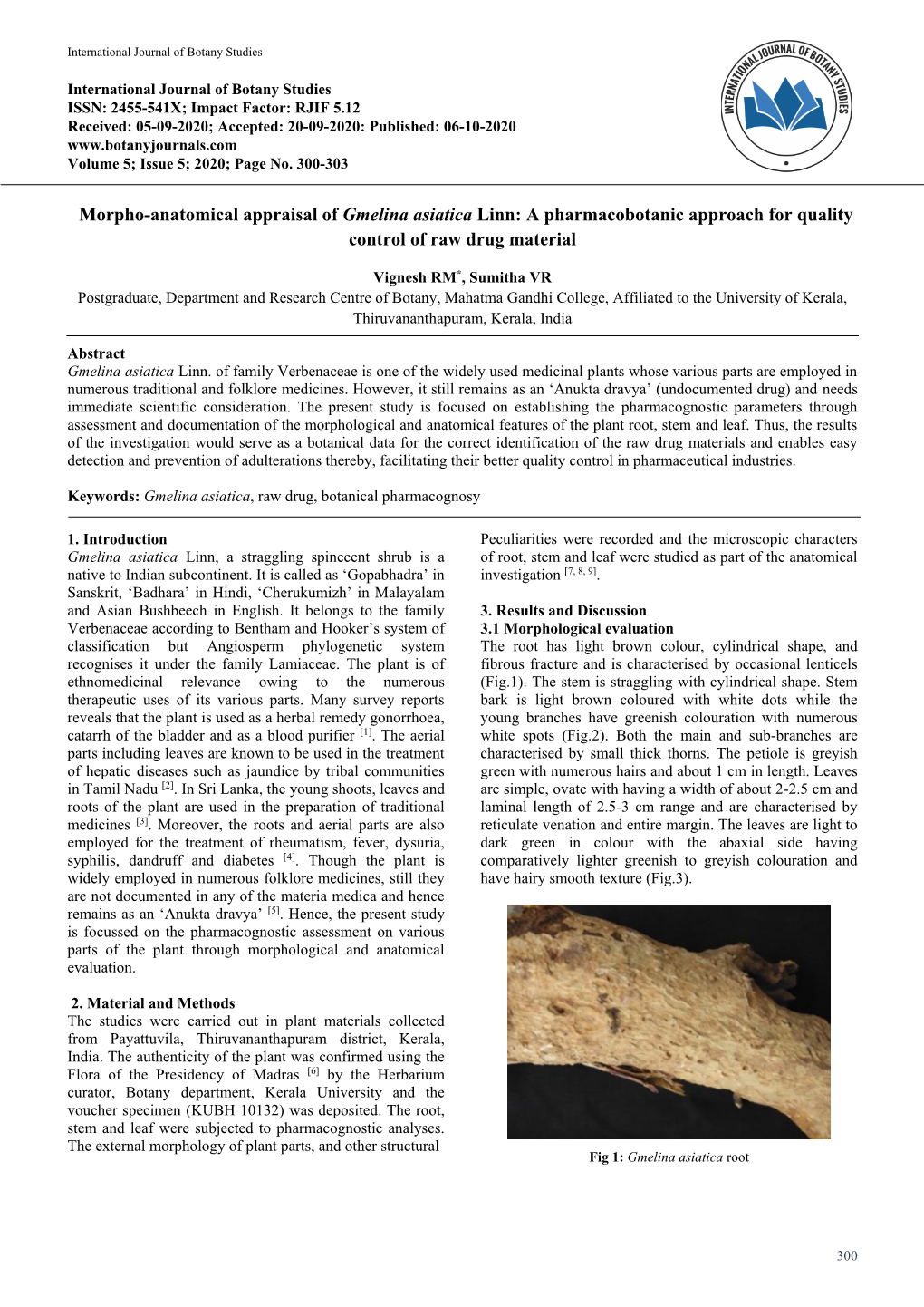 Morpho-Anatomical Appraisal of Gmelina Asiatica Linn: a Pharmacobotanic Approach for Quality Control of Raw Drug Material