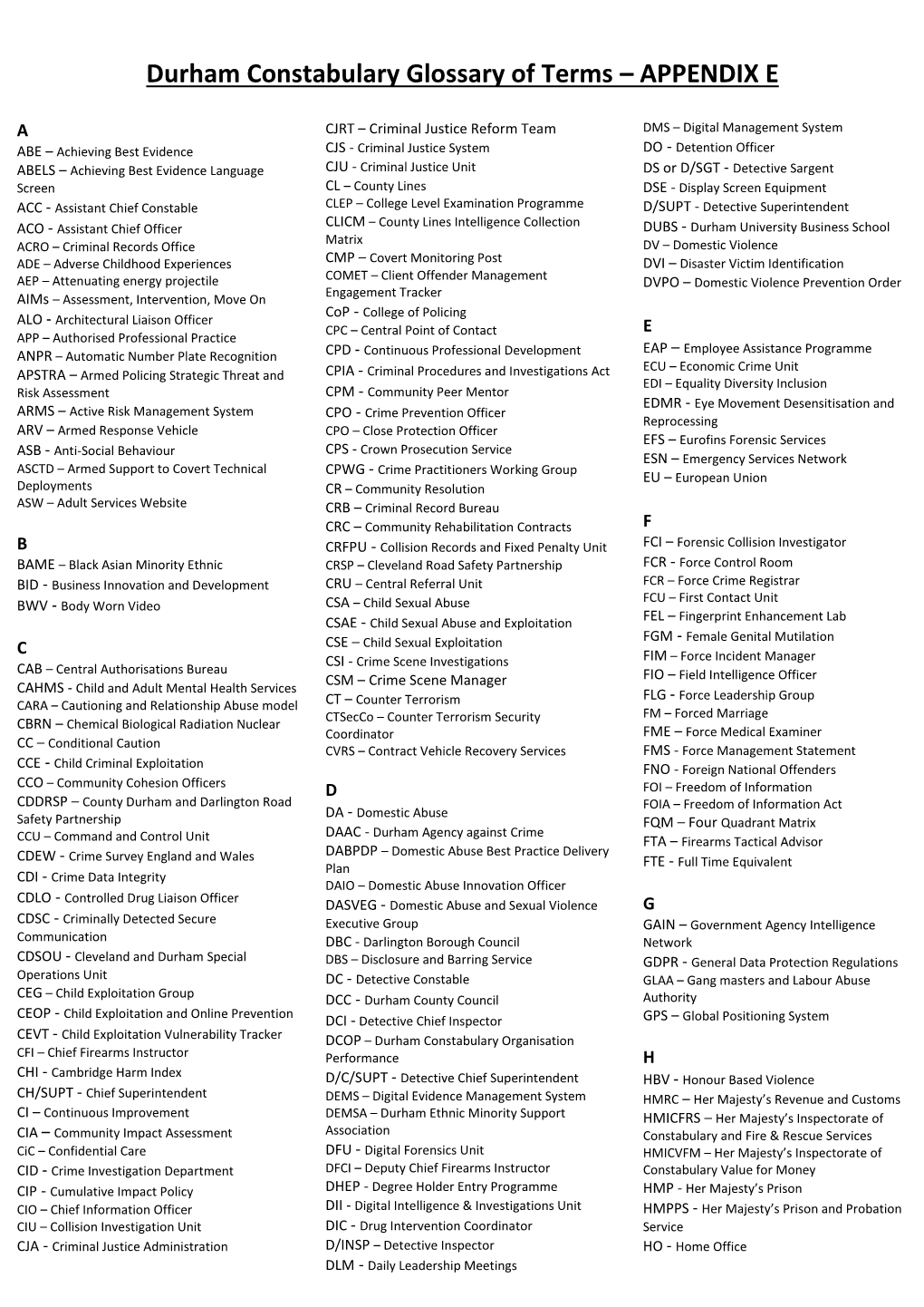 Durham Constabulary Glossary of Terms – APPENDIX E