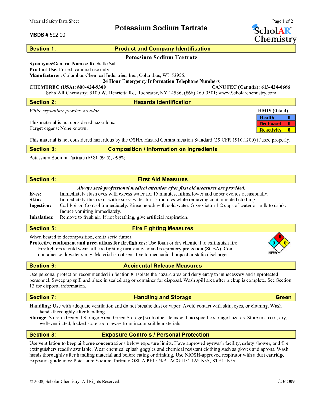 Potassium Sodium Tartrate MSDS # 592.00