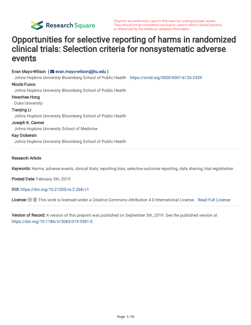 Opportunities for Selective Reporting of Harms in Randomized Clinical Trials: Selection Criteria for Nonsystematic Adverse Events