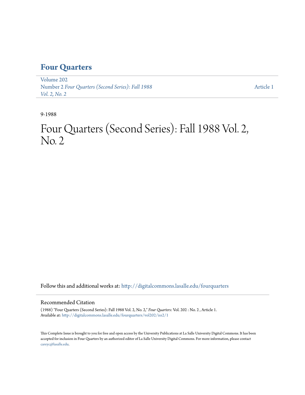 Four Quarters Volume 202 Number 2 Four Quarters (Second Series): Fall 1988 Article 1 Vol