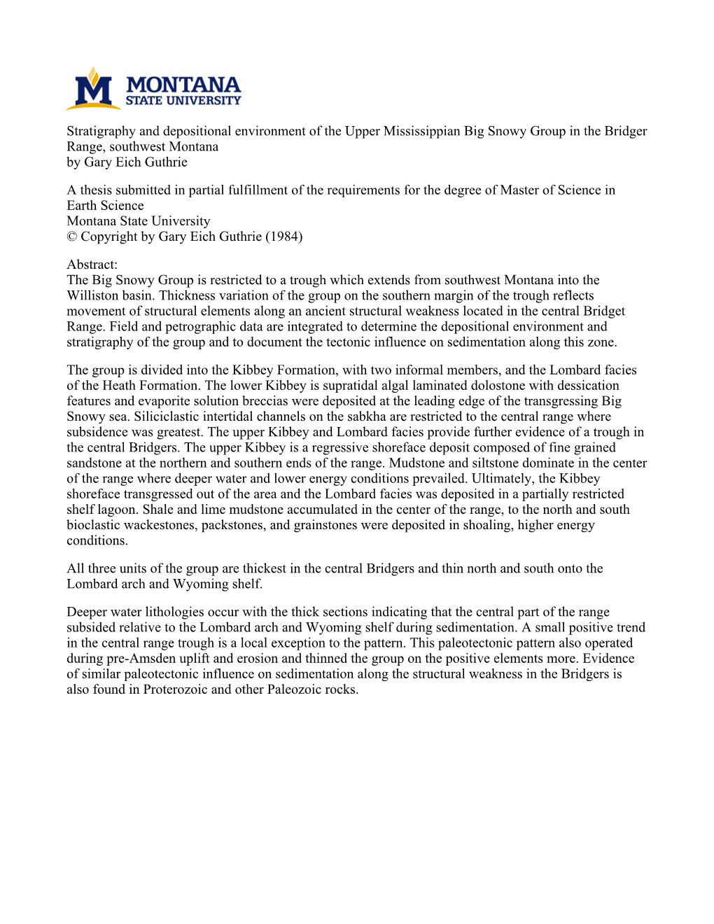 Stratigraphy and Depositional Environment of the Upper Mississippian Big Snowy Group in the Bridger Range, Southwest Montana By