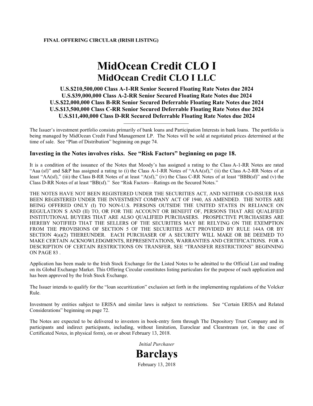 Midocean Credit CLO I Barclays