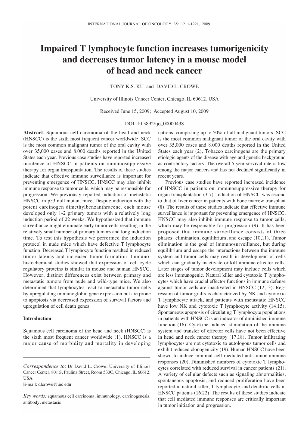 Impaired T Lymphocyte Function Increases Tumorigenicity and Decreases Tumor Latency in a Mouse Model of Head and Neck Cancer