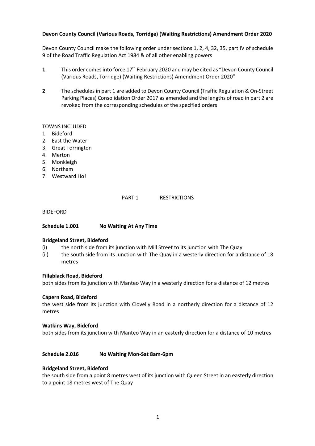 (Various Roads, Torridge) (Waiting Restrictions) Amendment Order 2020