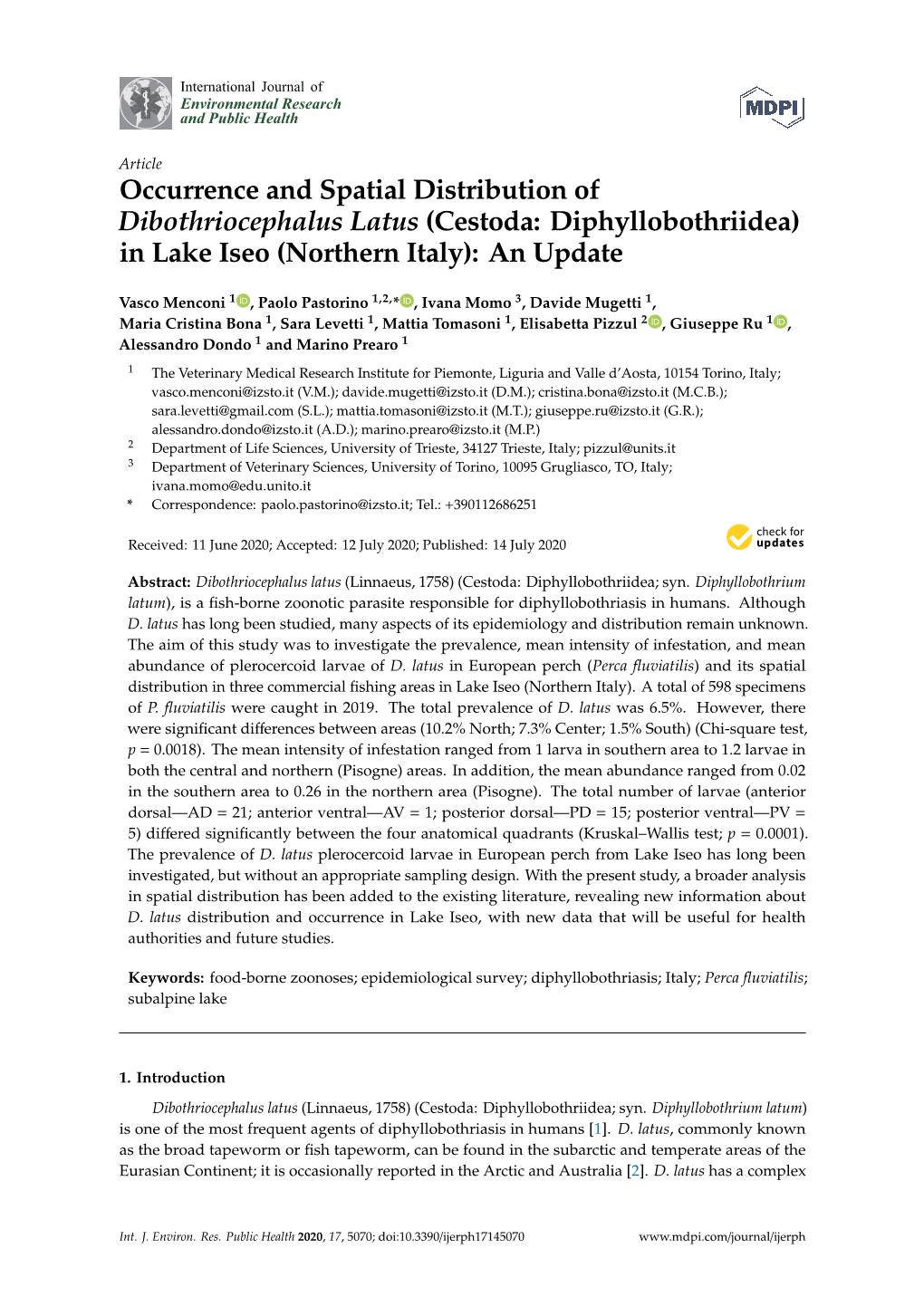 Occurrence and Spatial Distribution of Dibothriocephalus Latus (Cestoda: Diphyllobothriidea) in Lake Iseo (Northern Italy): an Update