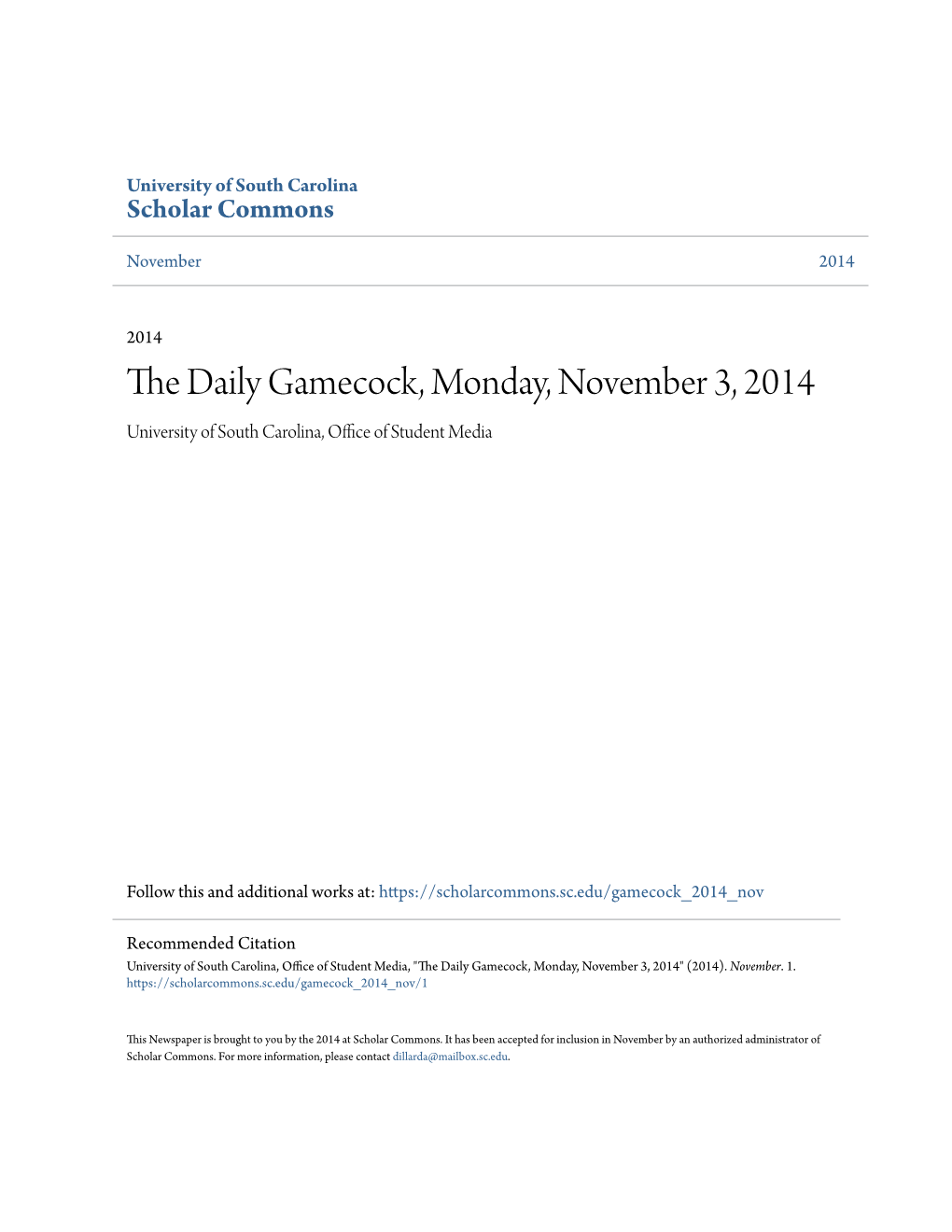 The Daily Gamecock, Monday, November 3, 2014