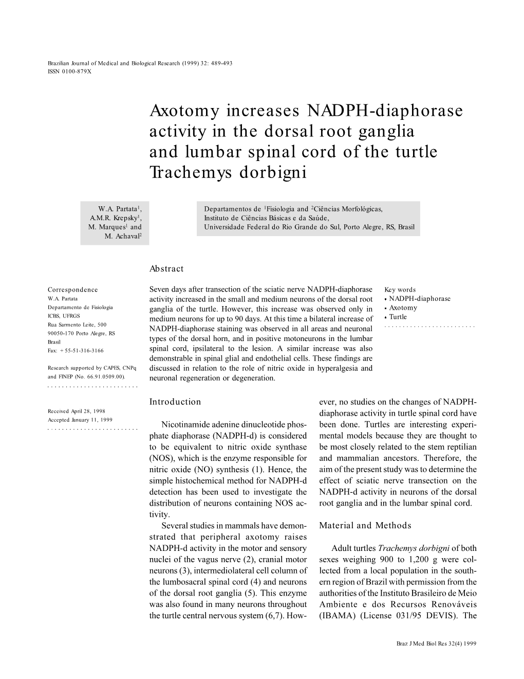 Axotomy Increases NADPH-Diaphorase Activity in the Dorsal Root Ganglia and Lumbar Spinal Cord of the Turtle Trachemys Dorbigni
