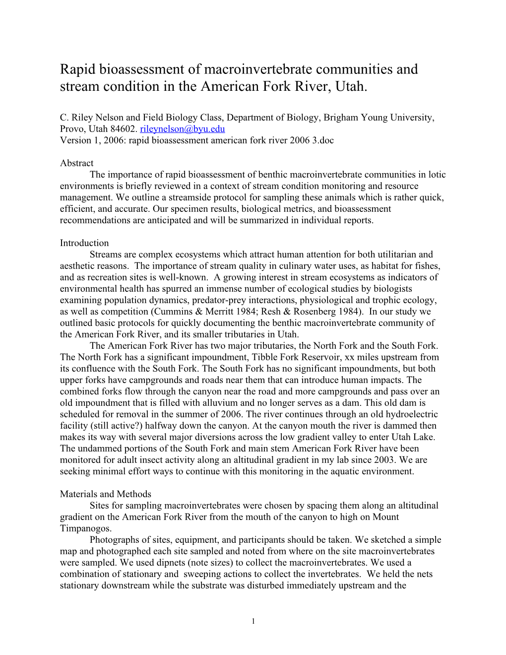 Rapid Bioassessment of Macroinvertebrate Communities and Stream Condition in the American