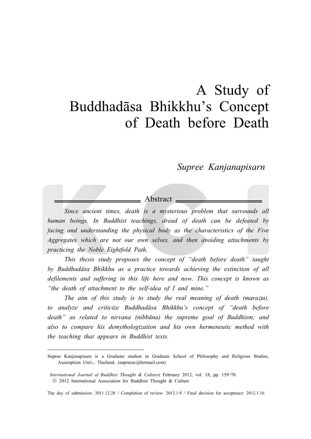 A Study of Buddhadāsa Bhikkhu's Concept of Death Before Death