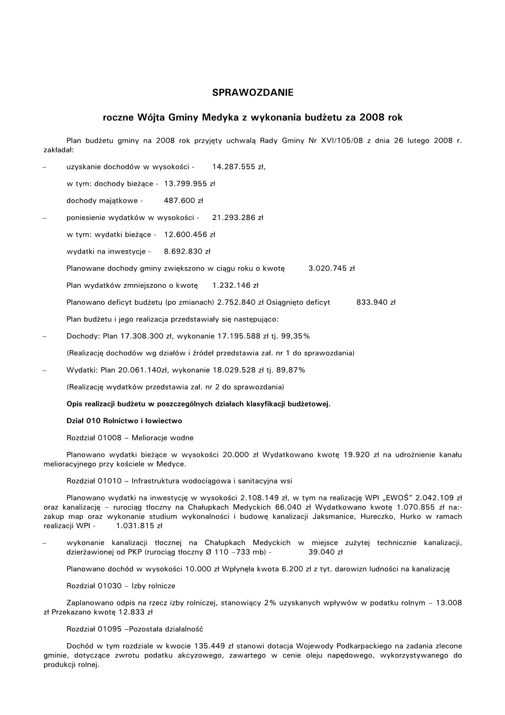 SPRAWOZDANIE Roczne Wójta Gminy Medyka Z Wykonania Budżetu Za