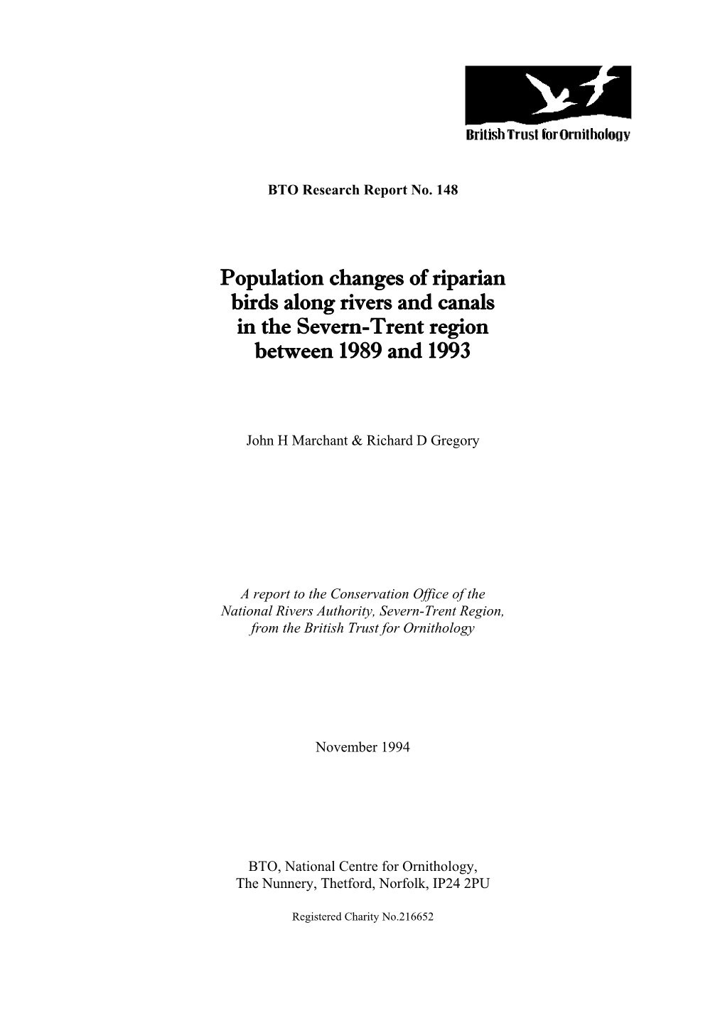 Population Changes of Riparian Birds Along Rivers and Canals in the Severn-Trent Region Between 1989 and 1993