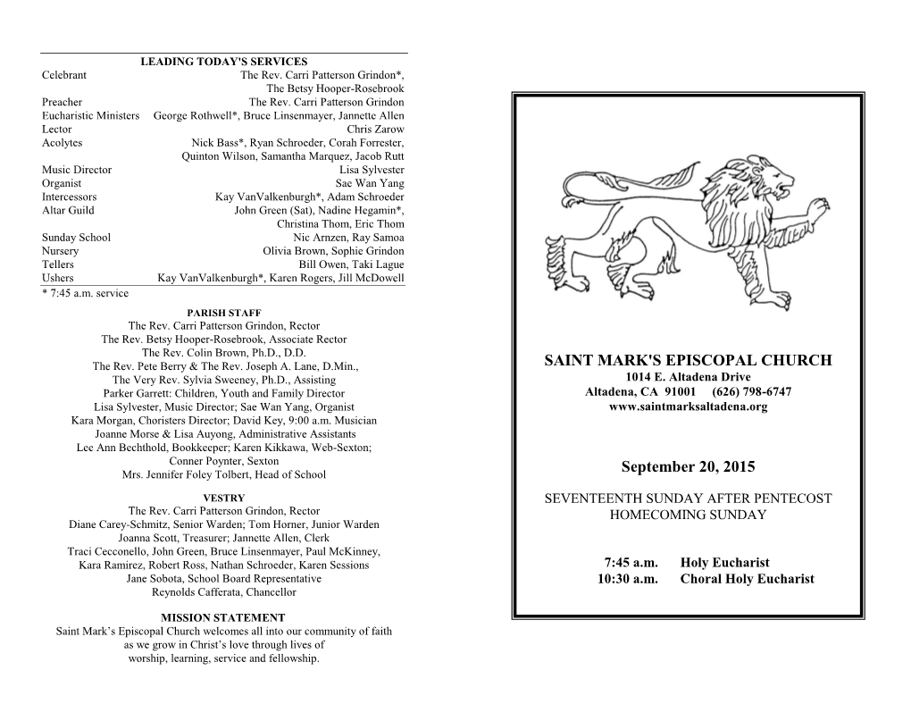 SAINT MARK's EPISCOPAL CHURCH September 20, 2015