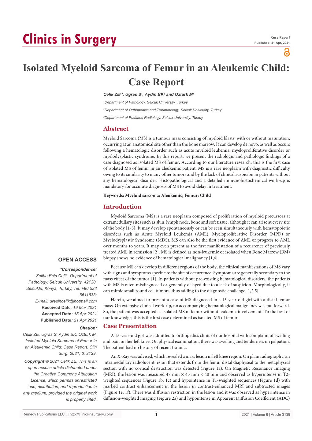 Isolated Myeloid Sarcoma of Femur in an Aleukemic Child: Case Report