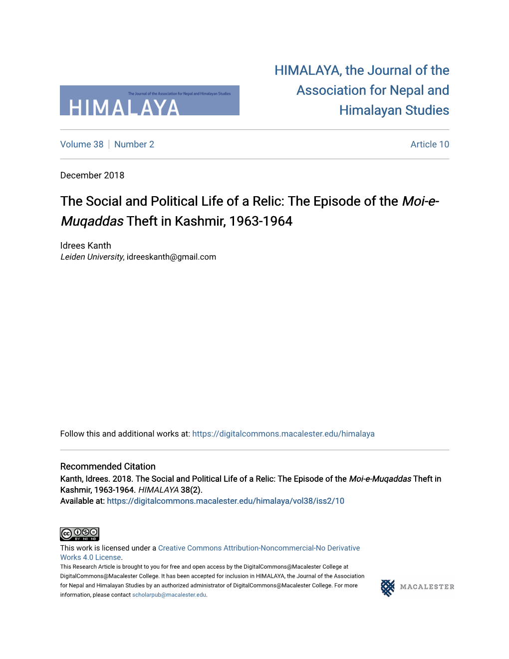 <I>Moi-E-Muqaddas</I> Theft in Kashmir, 1963-1964