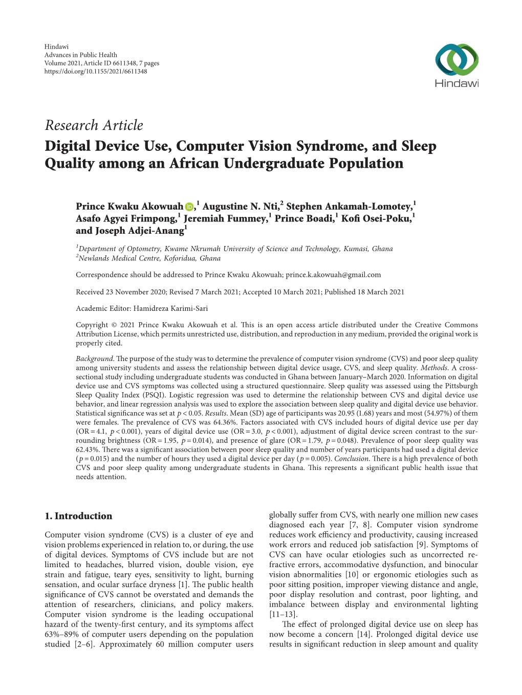 Digital Device Use, Computer Vision Syndrome, and Sleep Quality Among an African Undergraduate Population