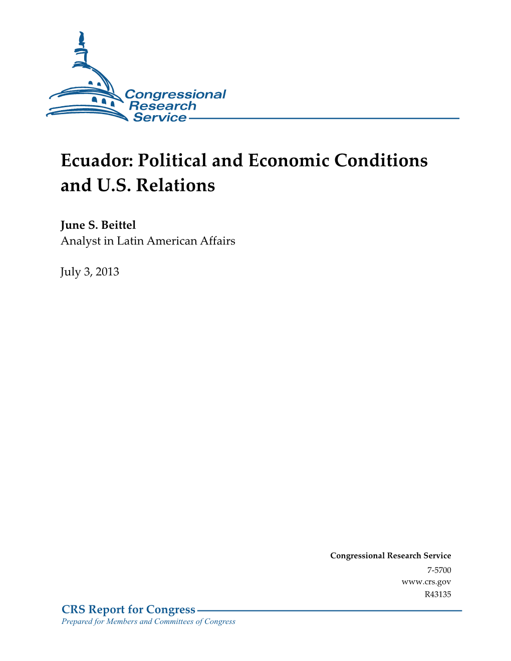 Ecuador: Political and Economic Conditions and U.S