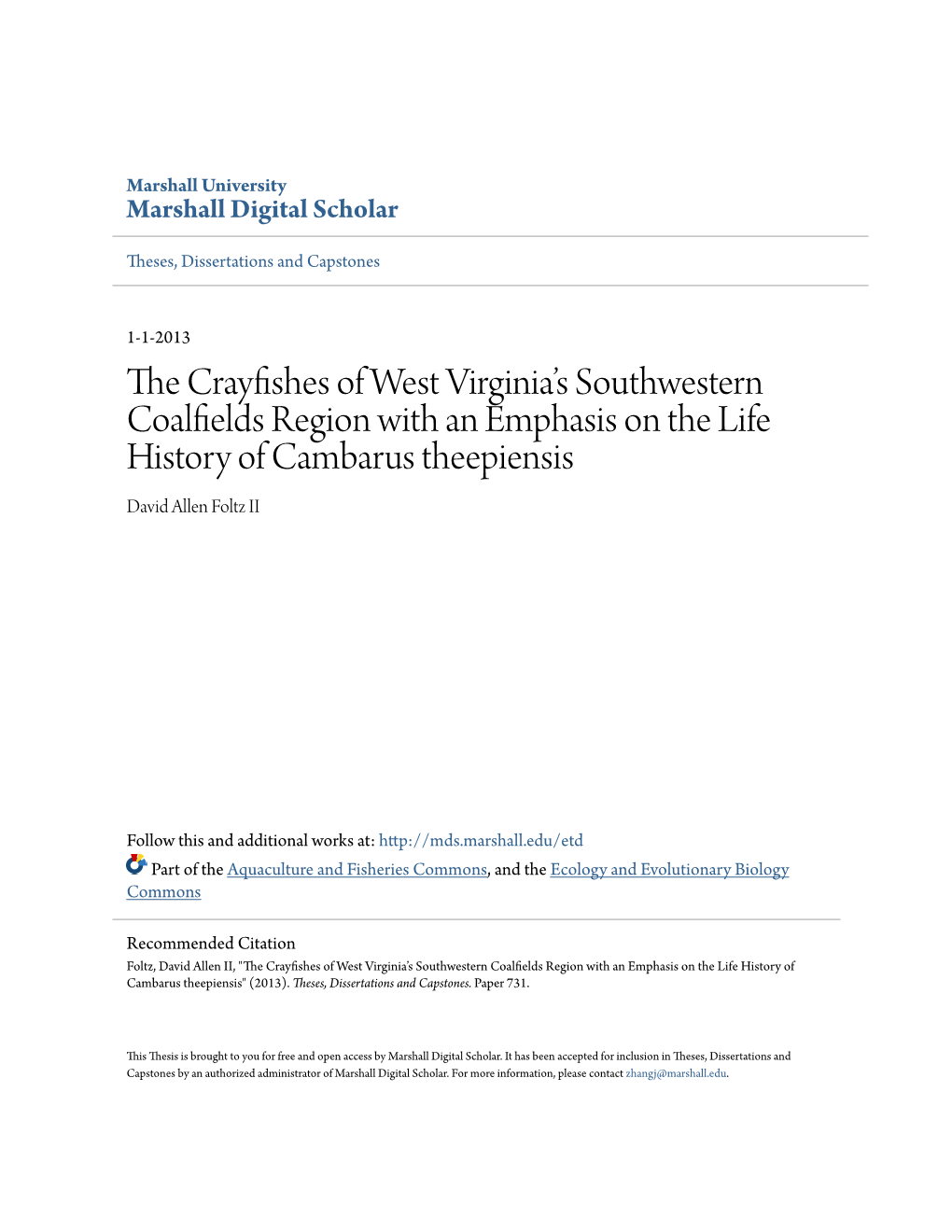 The Crayfishes of West Virginia's Southwestern Coalfields Region