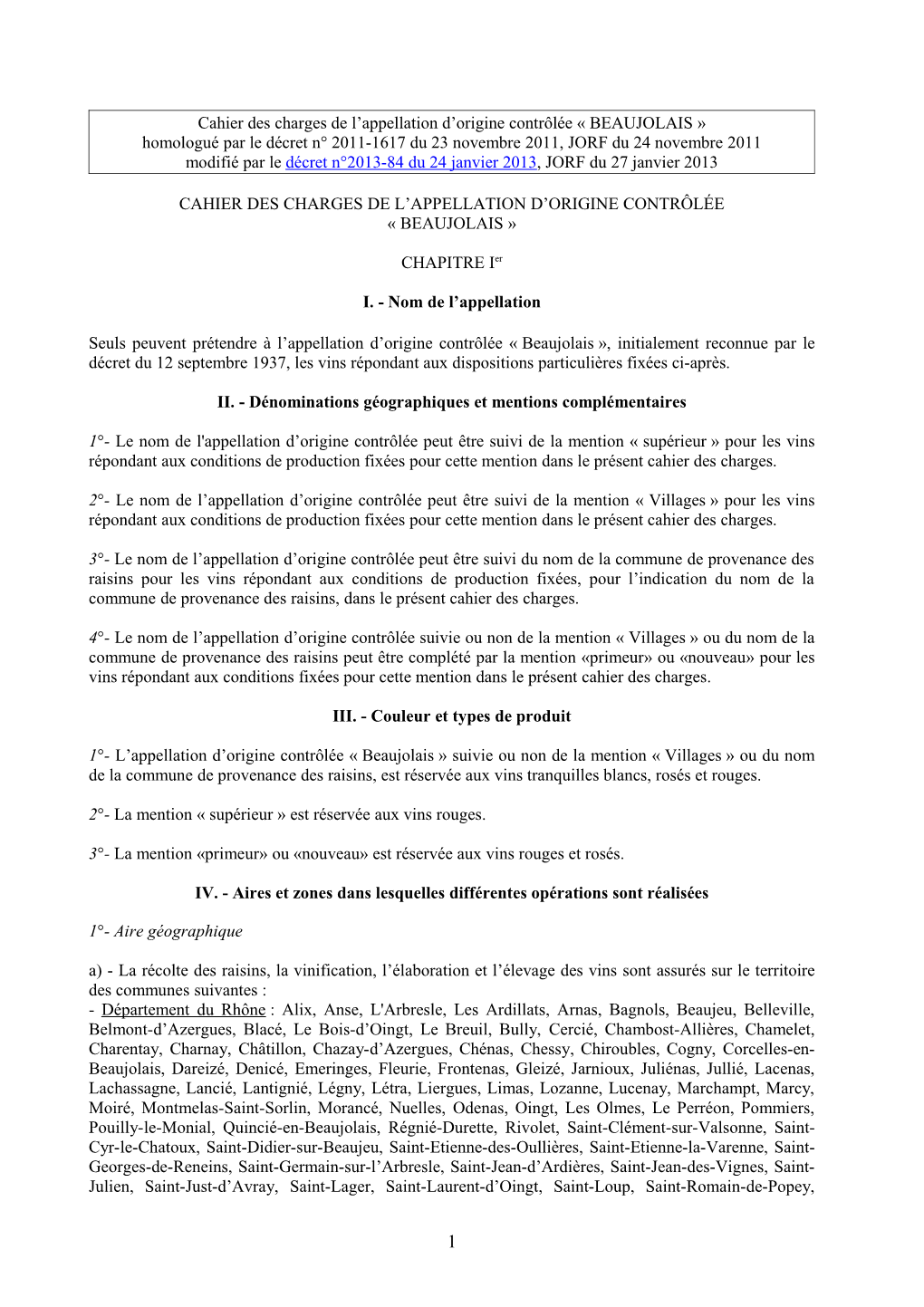 Cahier Des Charges De L'appellation D'origine Contrôlée Beaujolais