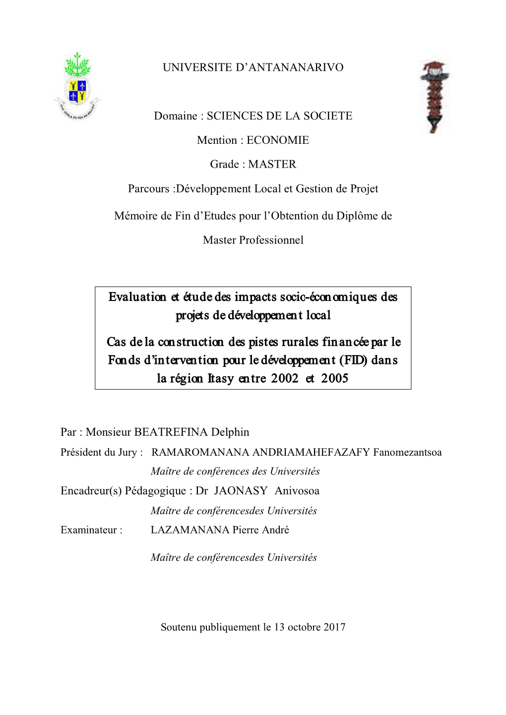 Evaluation Et Étude Des Impacts Socio-Économiques Des Projets De Développement Local