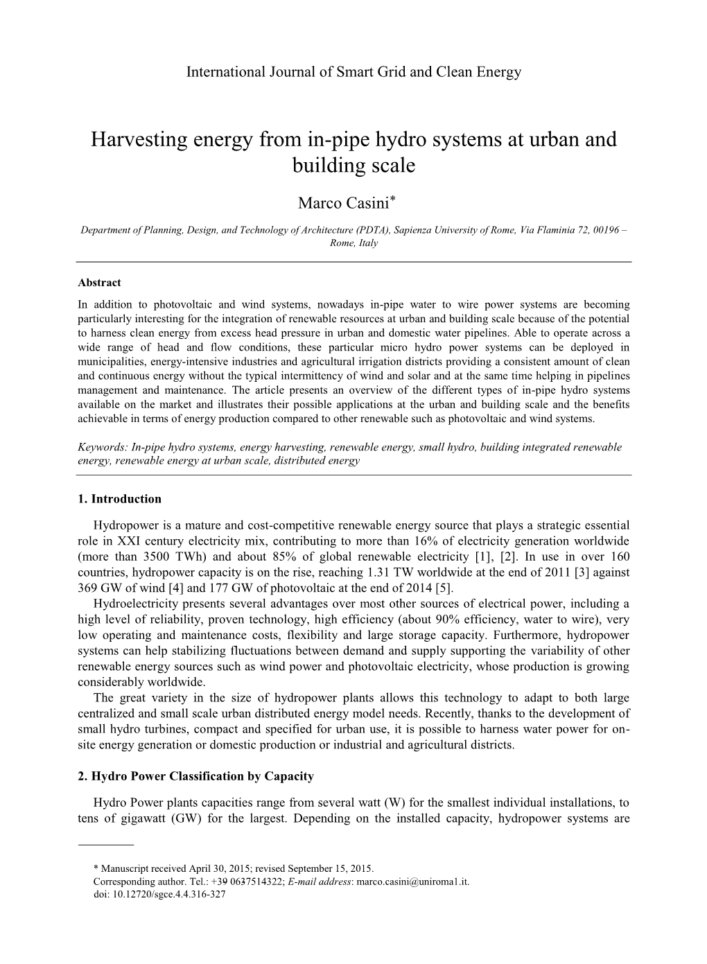 Harvesting Energy from In-Pipe Hydro Systems at Urban and Building Scale