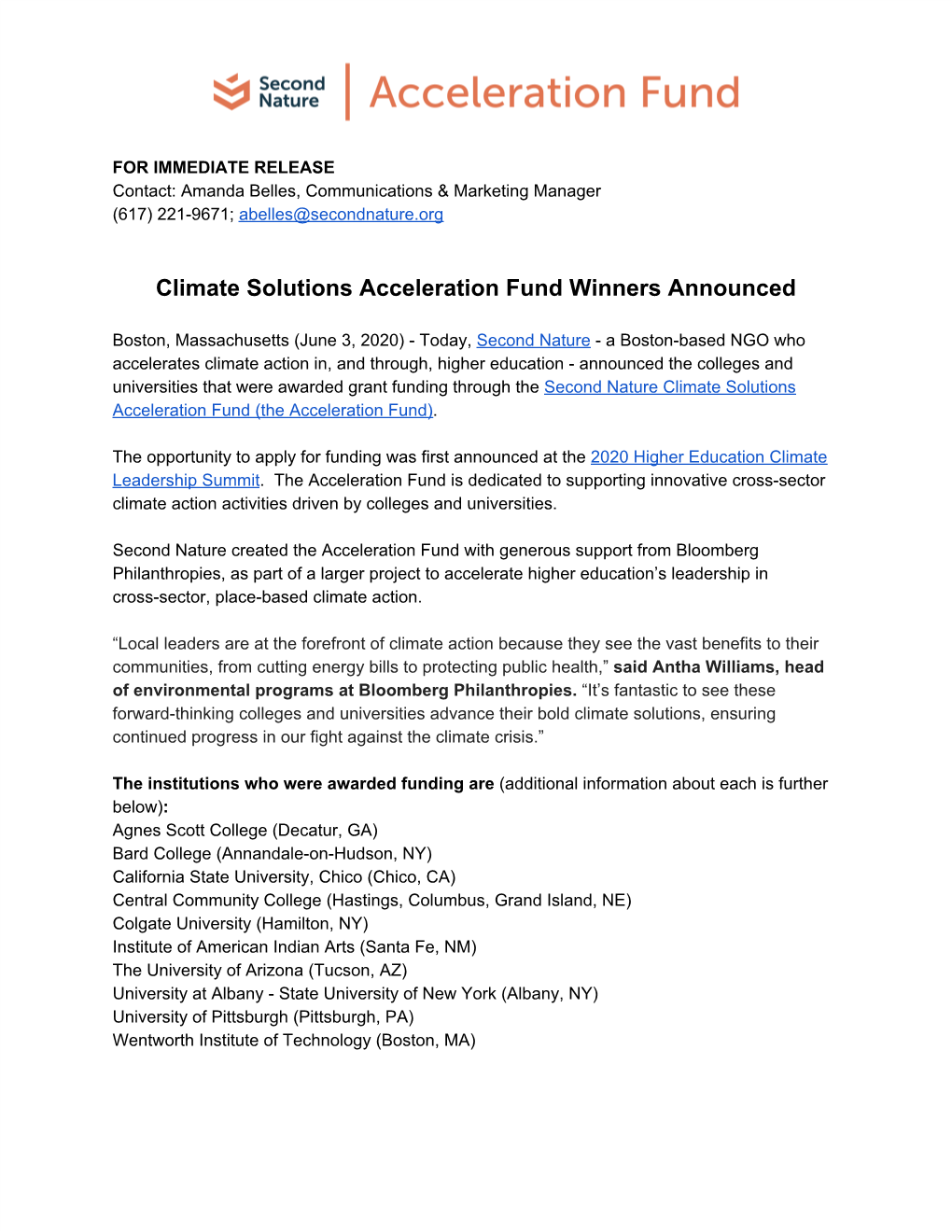 Climate Solutions Acceleration Fund Winners Announced