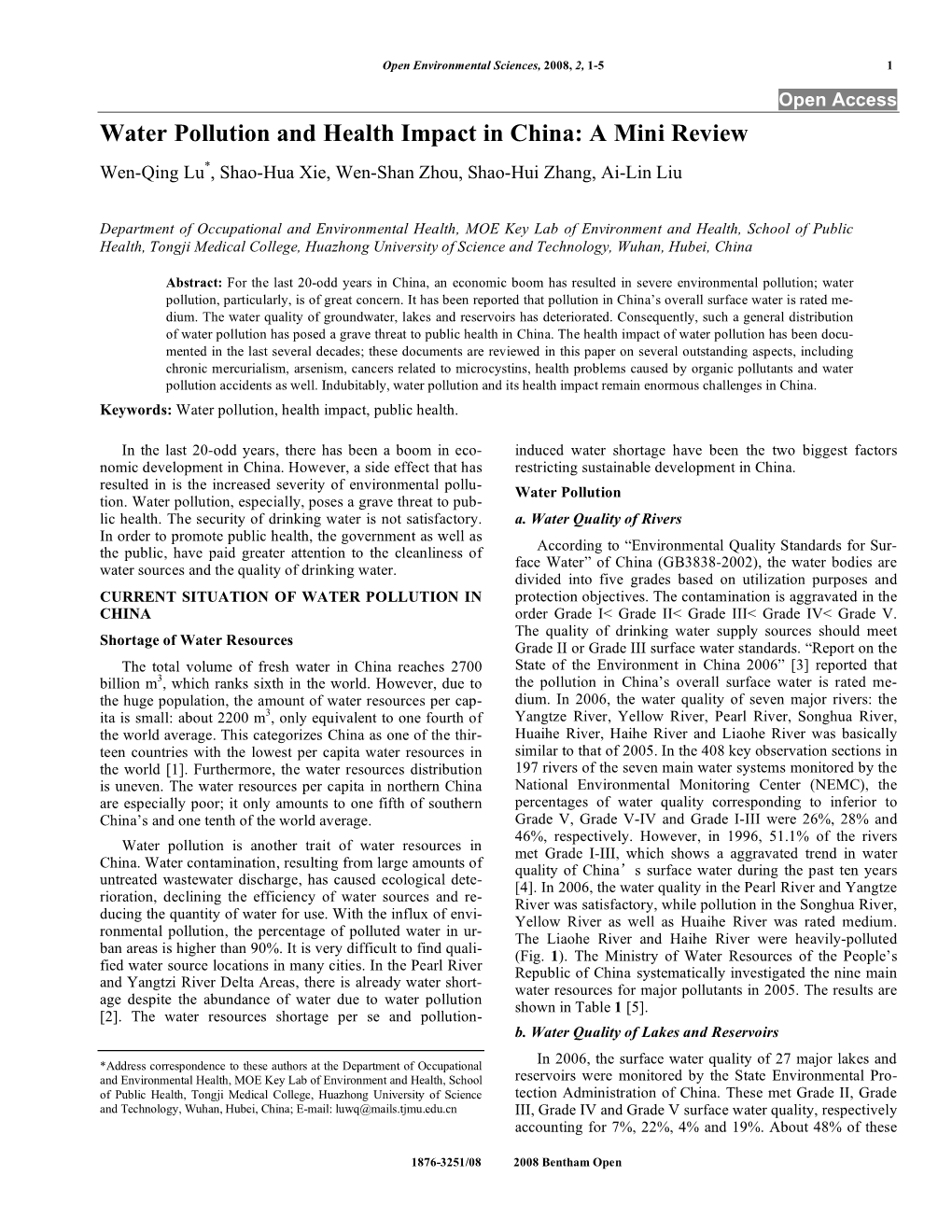 Water Pollution and Health Impact in China: a Mini Review Wen-Qing Lu*, Shao-Hua Xie, Wen-Shan Zhou, Shao-Hui Zhang, Ai-Lin Liu