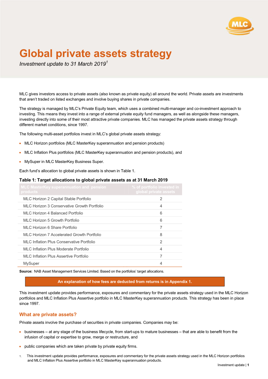 Global Private Assets Strategy Investment Update to 31 March 20191