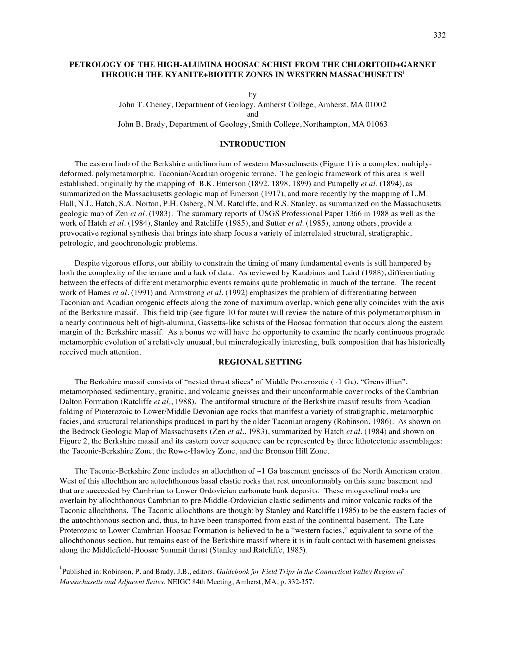 Petrology of the High-Alumina Hoosac Schist from the Chloritoid+Garnet Through the Kyanite+Biotite Zones in Western Massachusetts1