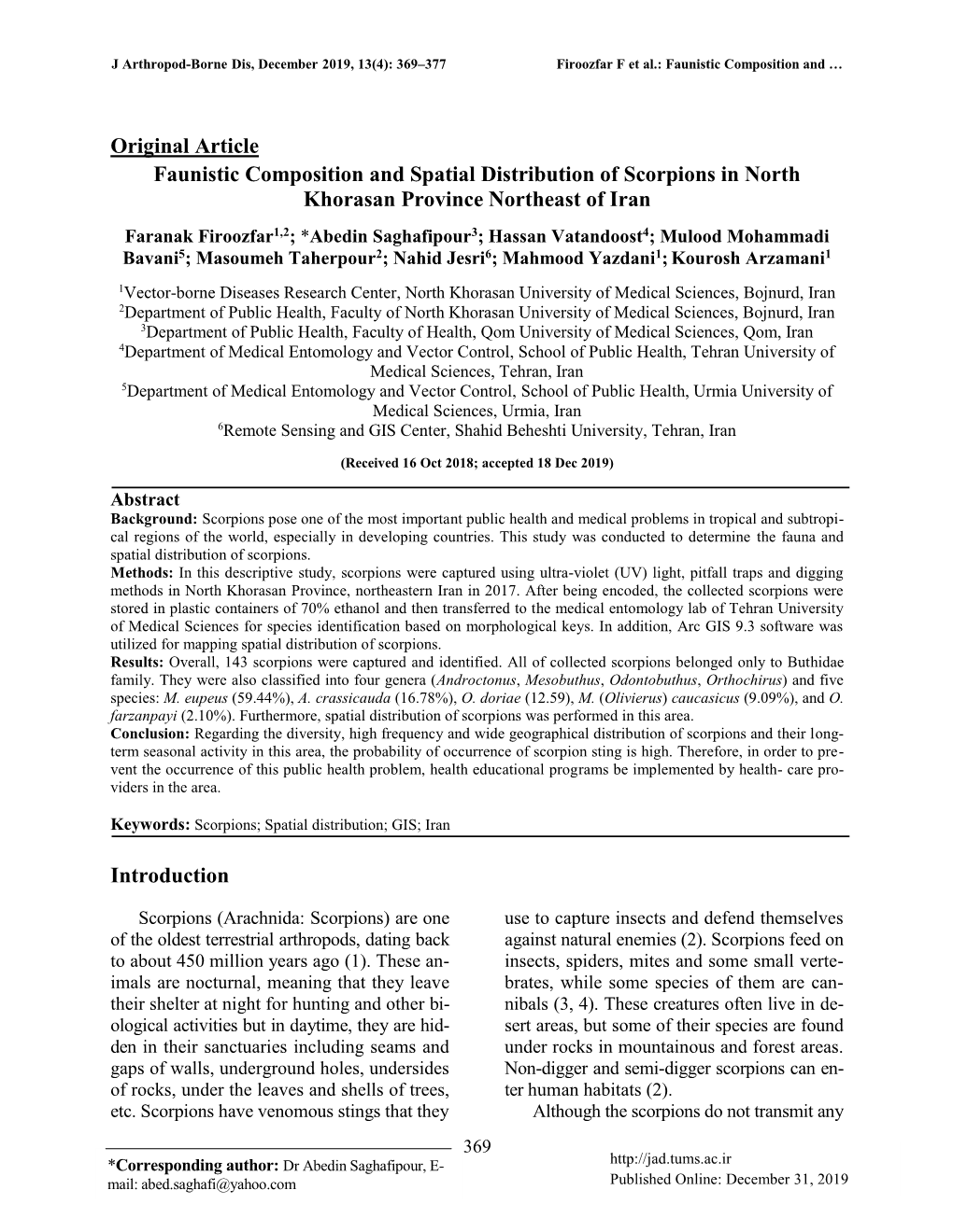 Original Article Faunistic Composition and Spatial Distribution of Scorpions in North Khorasan Province Northeast of Iran
