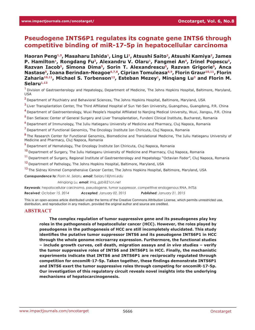 Pseudogene INTS6P1 Regulates Its Cognate Gene INTS6 Through Competitive Binding of Mir-17-5P in Hepatocellular Carcinoma