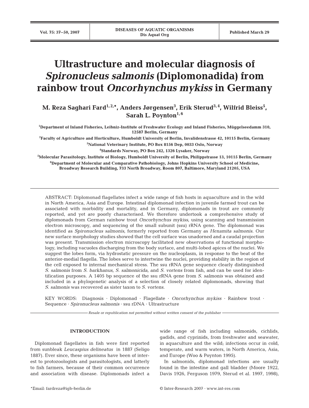 Ultrastructure and Molecular Diagnosis of Spironucleus Salmonis (Diplomonadida) from Rainbow Trout Oncorhynchus Mykiss in Germany