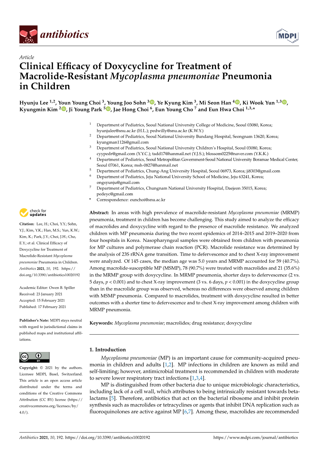 Clinical Efficacy of Doxycycline for Treatment of Macrolide-Resistant