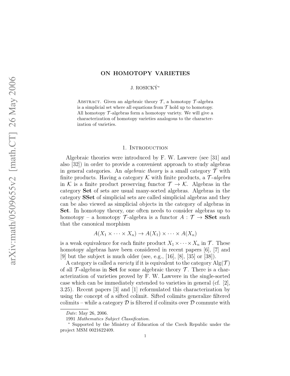 Arxiv:Math/0509655V2 [Math.CT] 26 May 2006 Nt Rdcs Aigacategory a Having Products